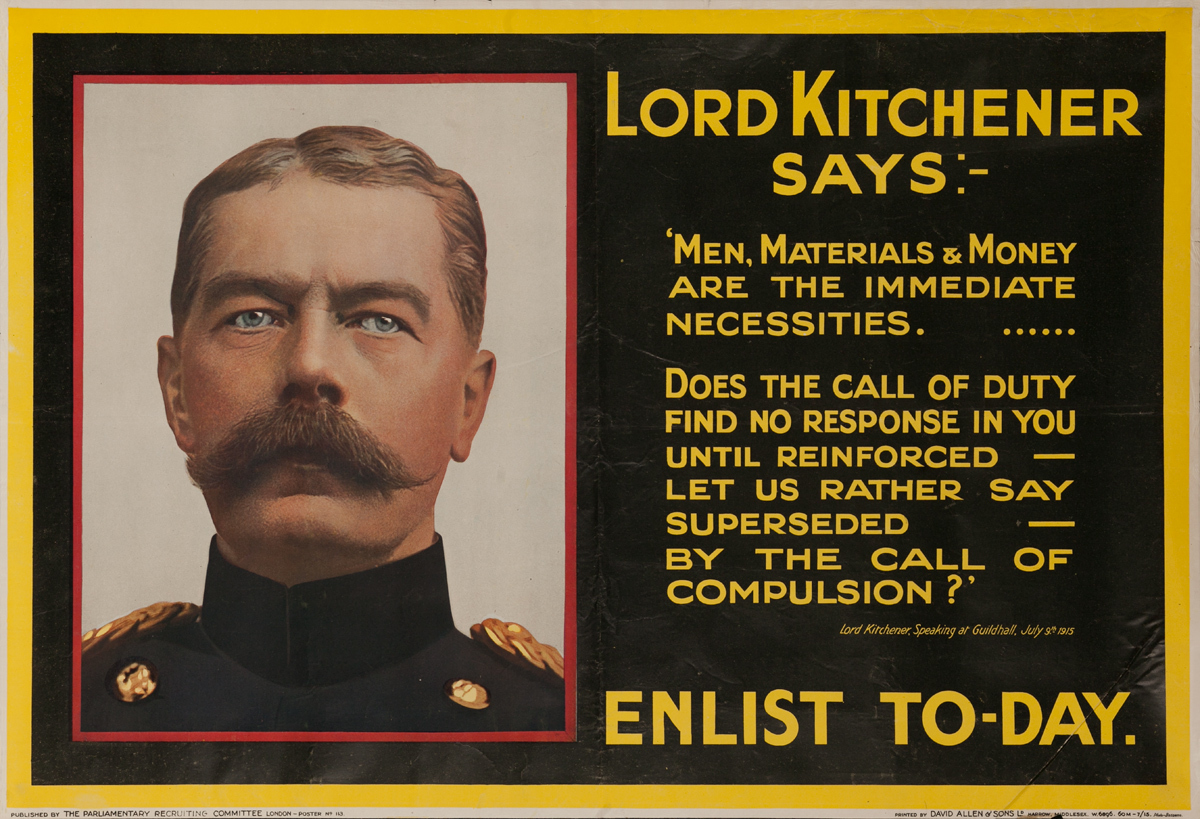 Lord Kitchener Says:- Men Materials & Money, Original British WWI Poster
