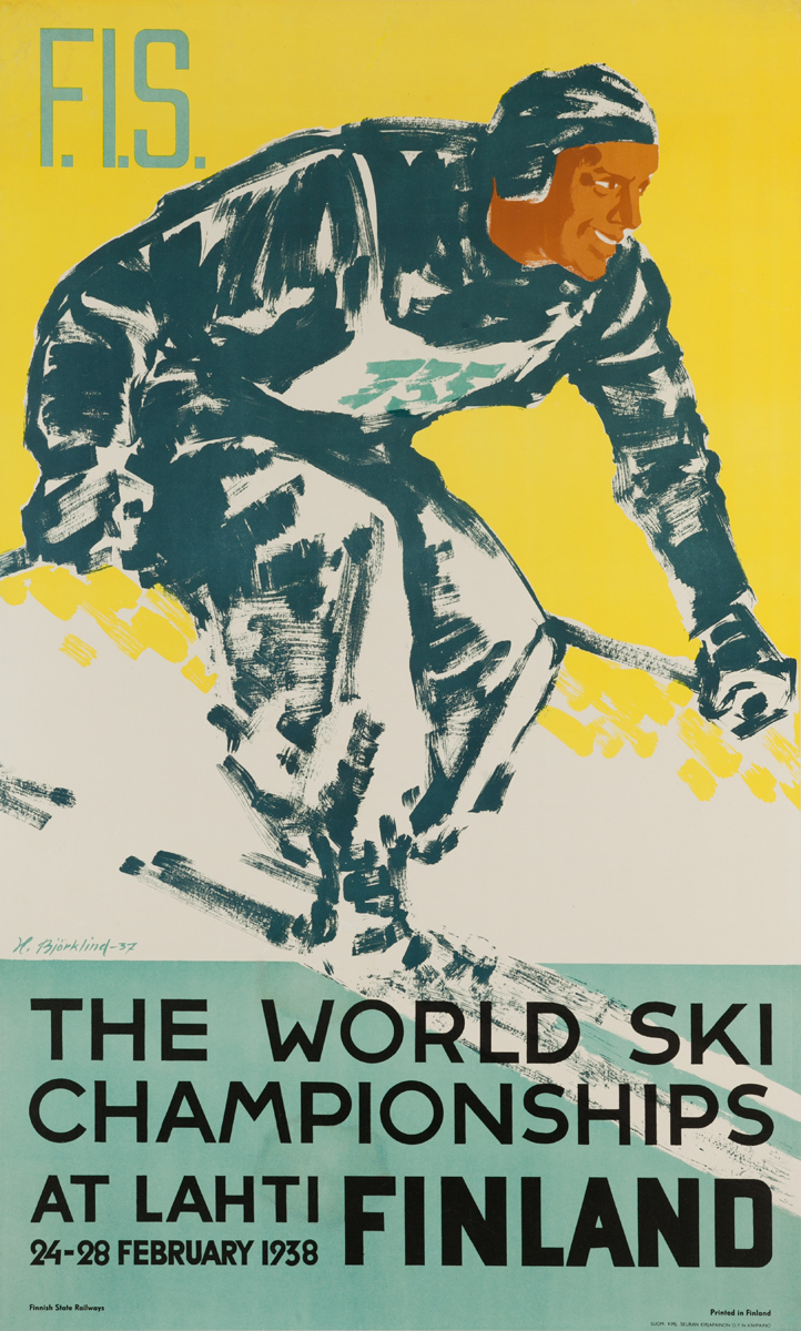 F.I.S., The World Ski Championships at Lahti Finland, 24-28 February 1938 Original Ski Poster