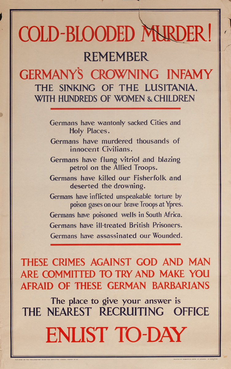 Cold Blooded Murder, Enlist To-Day, Original WWI British Poster