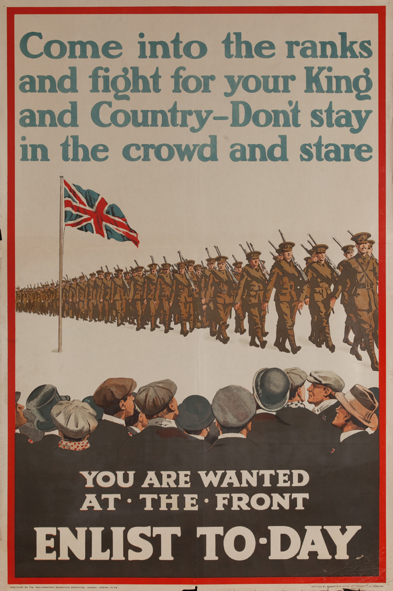 Come Into the Ranks, Enlist To-Day, Original WWI British Recruiting Poster