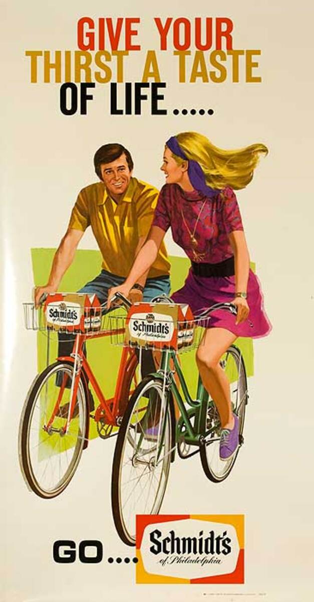 Original Vintage Schmidts Beer Poster Sixties Bicycle Couple