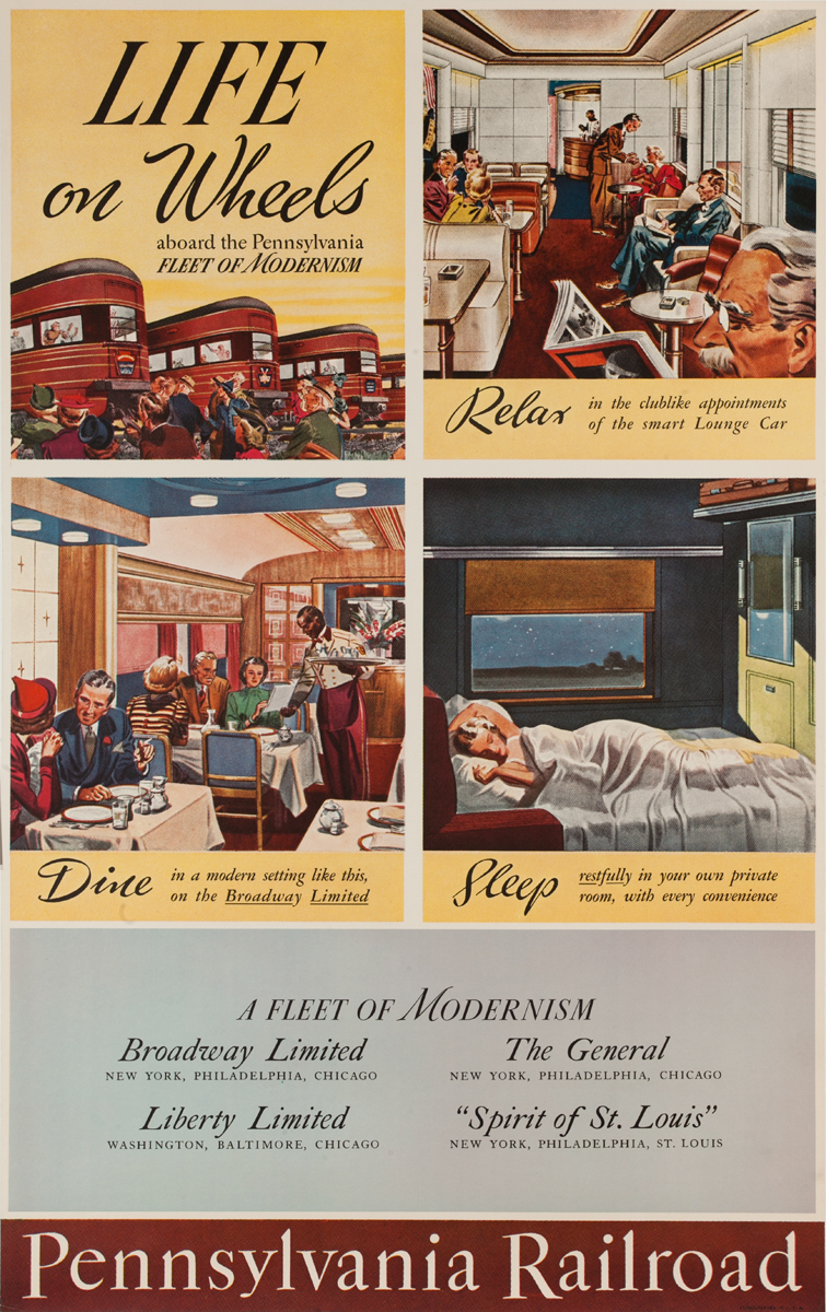 Life on Wheels aboard the Pennsylvania Fleet of Modernism, Original Pennsylvania Railroad Travel Poster