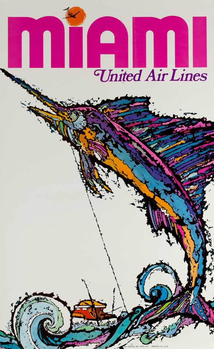 United Airlines Miami Original Travel Poster Swordfish