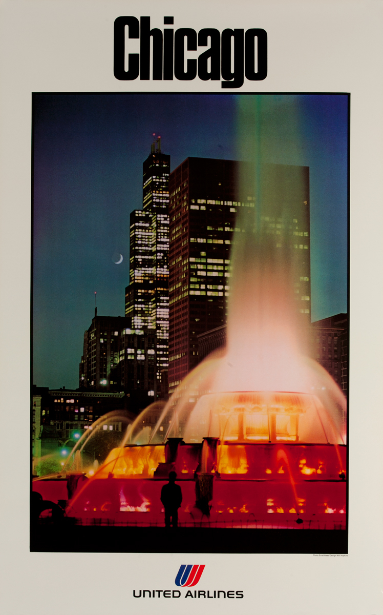 United Airlines Chicago Original Travel Poster Fountain Photo