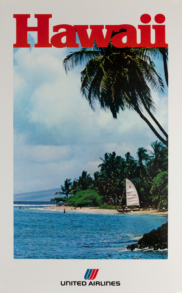 United Air Lines Original Travel Poster Hawaii beach photo, large