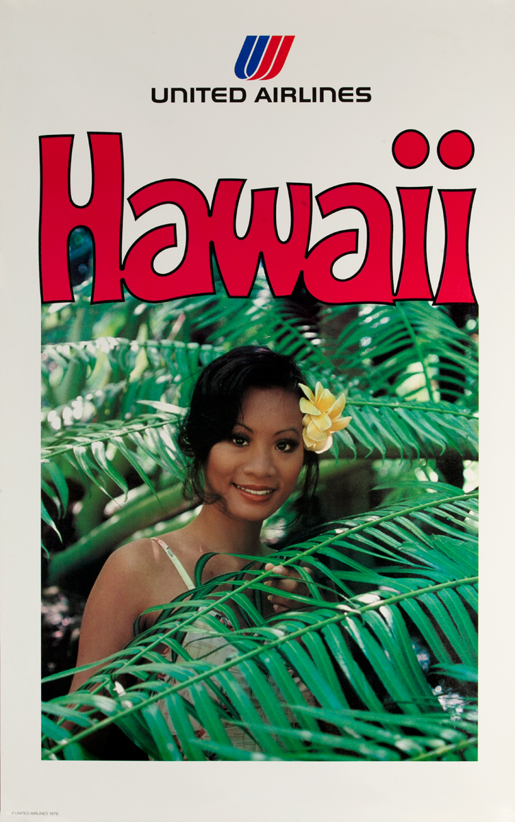 United Airlines Original Travel Poster Hawaii woman with flower photo
