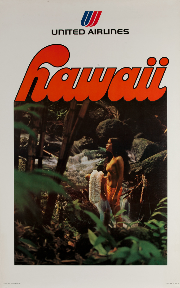 United Air Lines Original Travel Poster Hawaii woman by waterfall photo