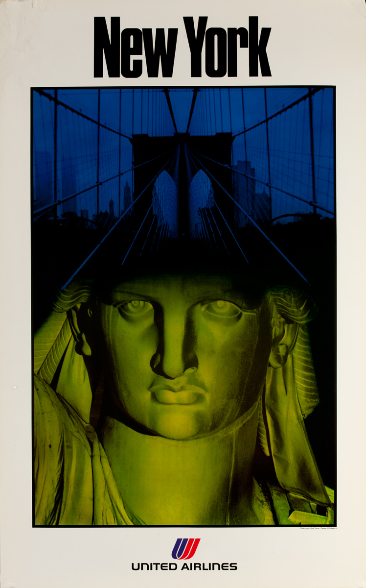 United Airlines New York Original Travel Poster, Brooklyn Bridge and Statue of Liberty Photo 