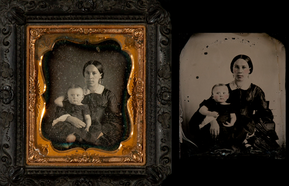 1/6th Plate Daguerreotype Mothe and Child WIth 1/6th Plate Ambrotype of Same Mother and Child