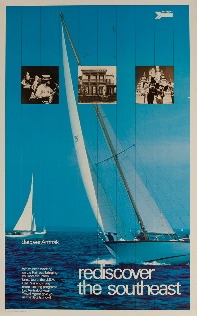 Original Amtrak Railroad Poster, Rediscover the Southeast, Sailboats