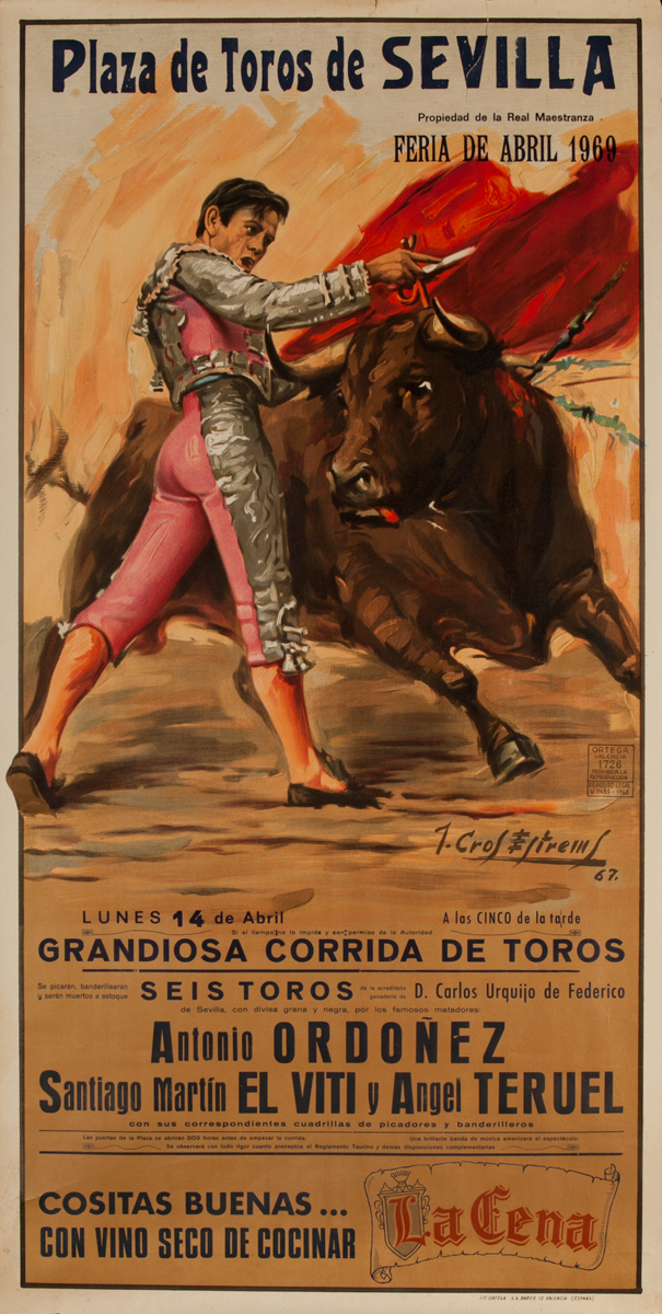 Plaza de Toros de Sevilla Original Bullfight Poster, Ordones, El Vitti and Teruel