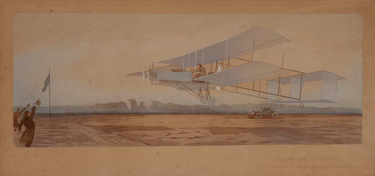 Grand Prix de l'Aviation, Henri Farman Bouche les 1000m Sur Son Aeroplane,  Original Hand Colored Pochoir Sports Print