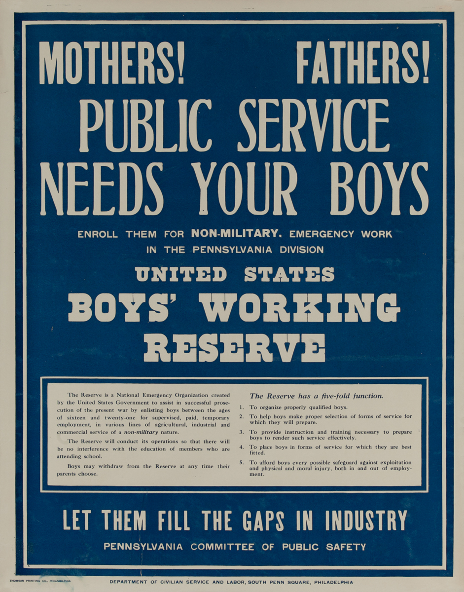 Mothers! Fathers! Public Service Needs Your Boys, Original WWI Poster