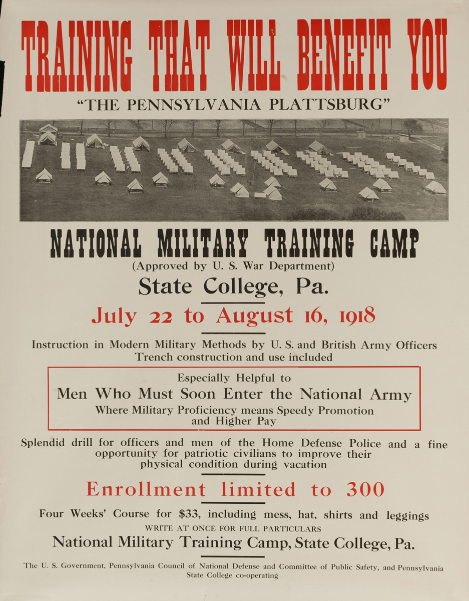 Training that will Benefit You, The Pennsylvania Plattsburgh, National Military Training Camp,  Original American WWI Poster
