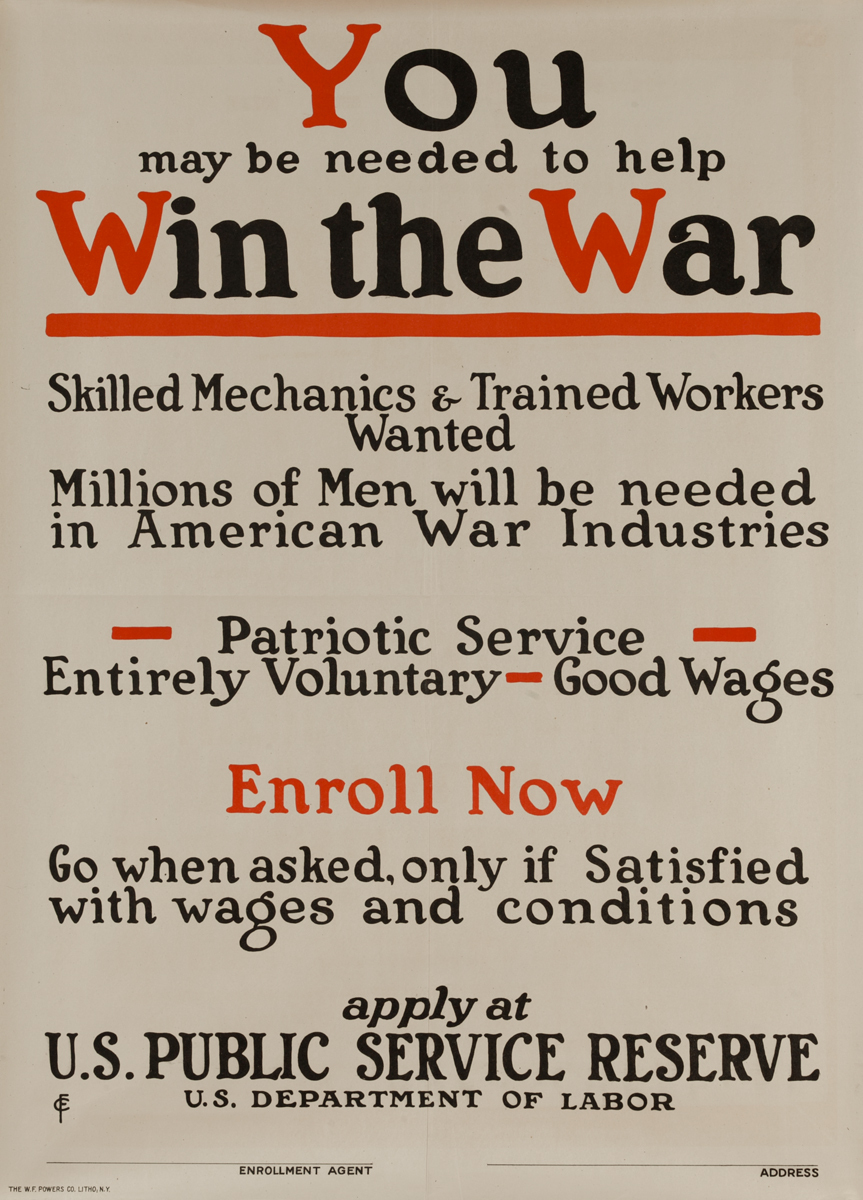 You may be needed to help Win the War, U.S. Public Service Reserve,  Original American WWI Poster