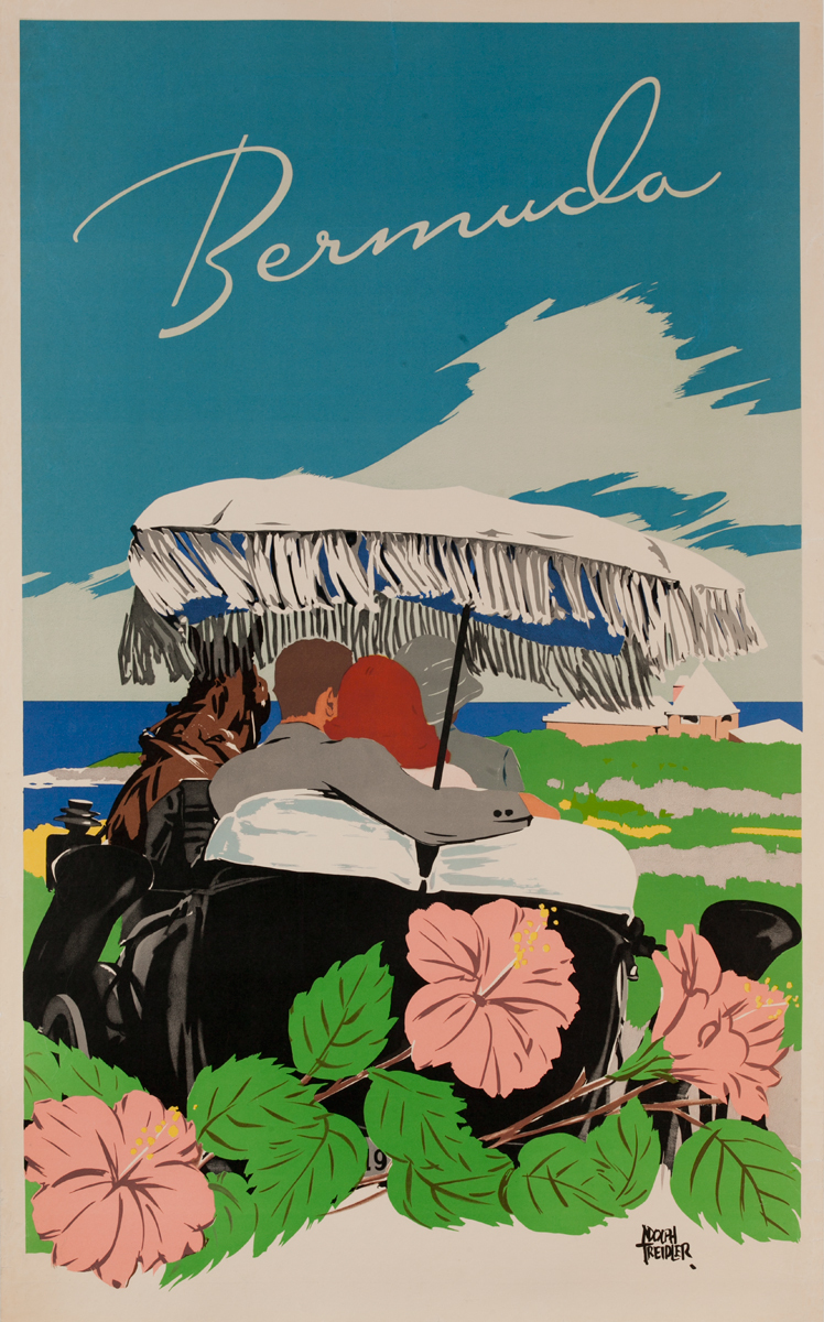 Bermuda, Original Travel Poster Couple in Carriage