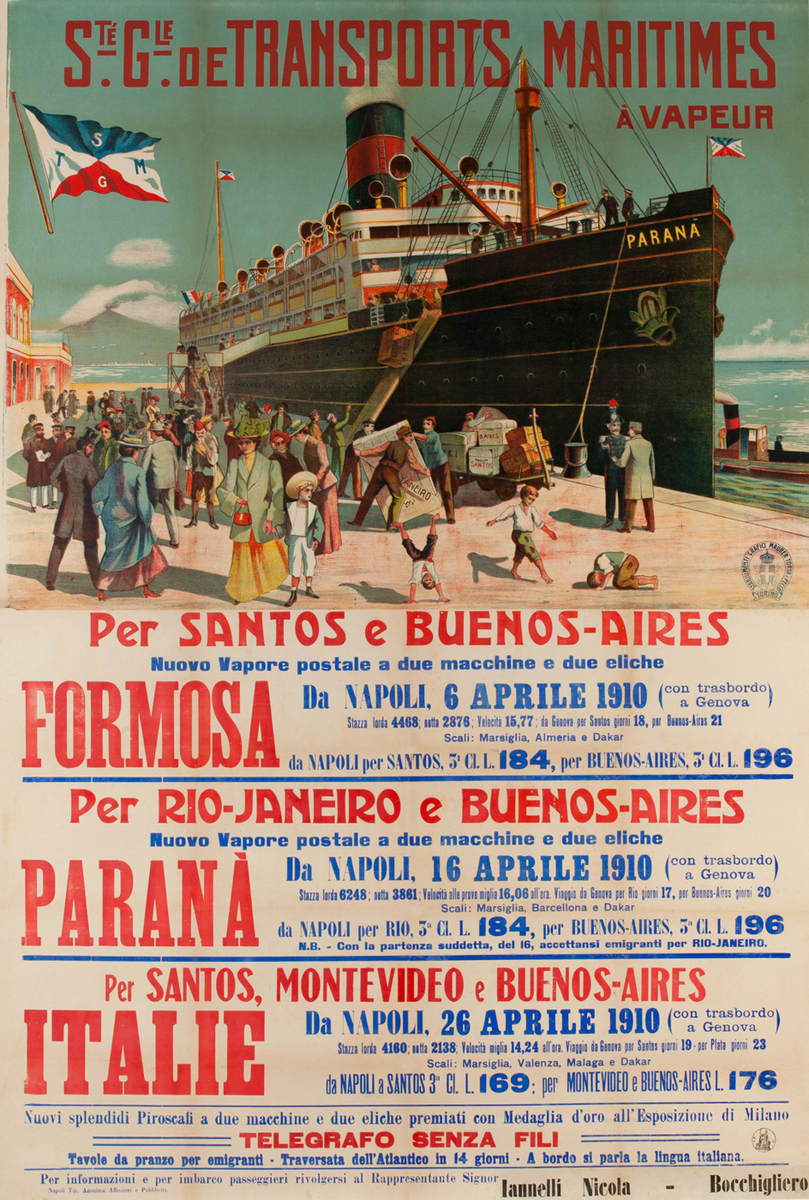 Ste Gie de Transports Maritimes, Original Italian Migrant / Cruise Ship Poster To South America, Formosa, Parana, Italie