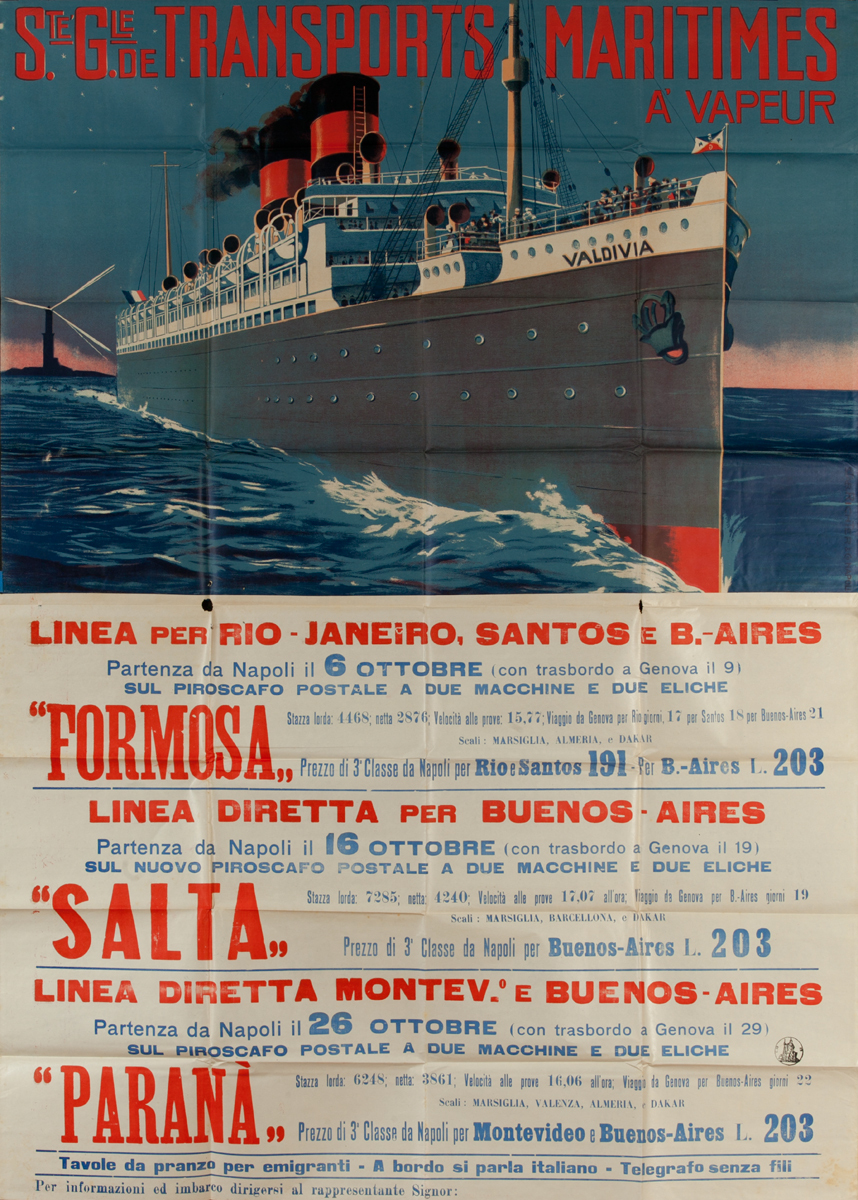 Ste Gie de Transports Maritimes, Original Italian Migrant / Cruise Ship Poster To South America, Formosa Salta Parana
