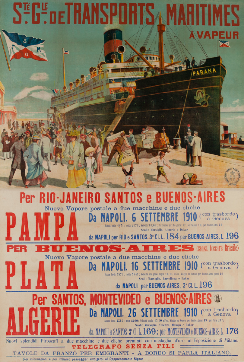 Ste Gie de Transports Maritimes, Original Italian Migrant / Cruise Ship Poster To South America, Plata Pampa Algerie