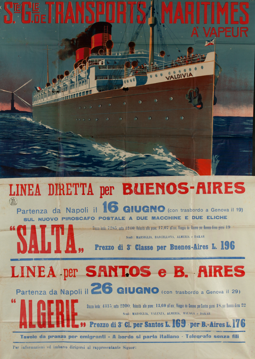Ste Gie de Transports Maritimes, Original Italian Migrant / Cruise Ship Poster To South America, Salta Algerie