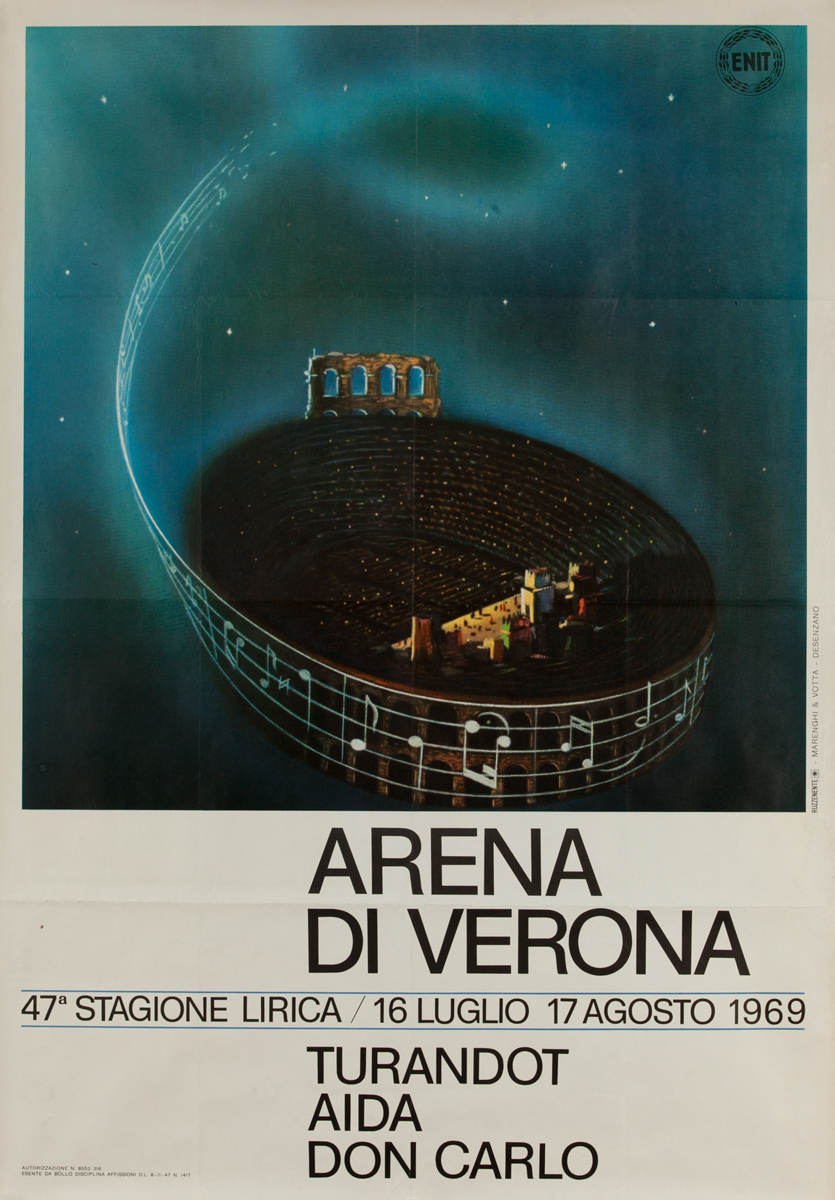 Arena di Verona, Original Italian Opera Travel Poster Turandot, Aida, Don Carlo