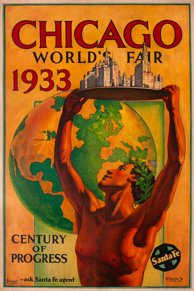Chicago World's Fair 1933 Century of Progress, Original Santa Fe Travel Poster
