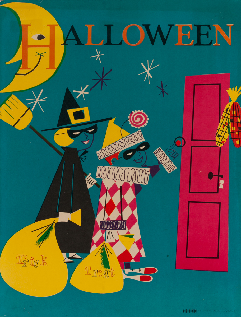 Halloween Childern Trick Or Treating, Color Print Holiday Poster Series, School Print