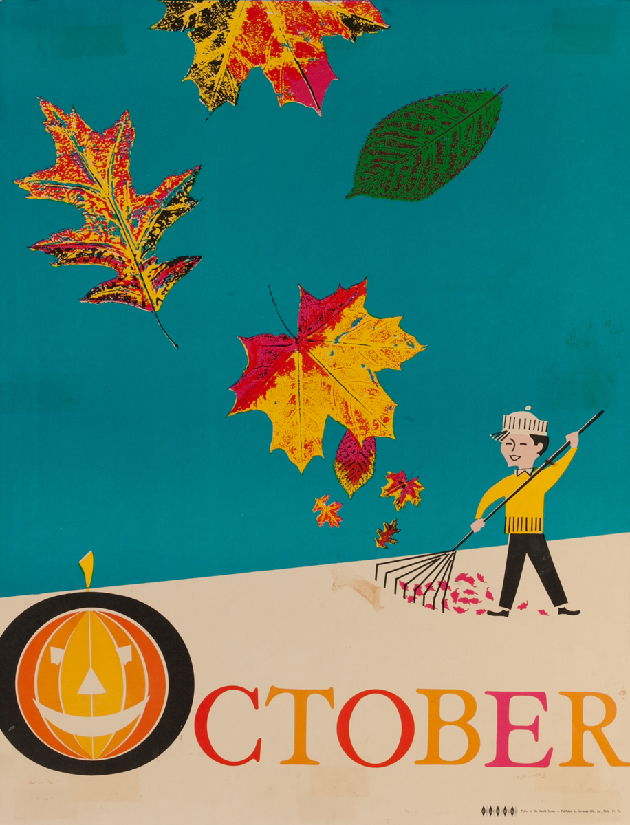 October, Raking Leaves, Color Print Holiday Poster Series, School Print