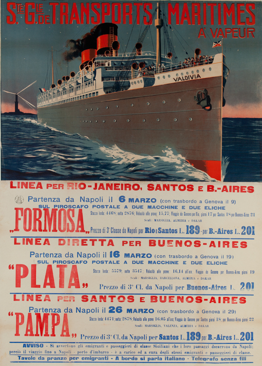 Ste Gie de Transports Maritimes, Original Italian Migrant / Cruise Ship Poster To South America, Formosa Plata Pampa