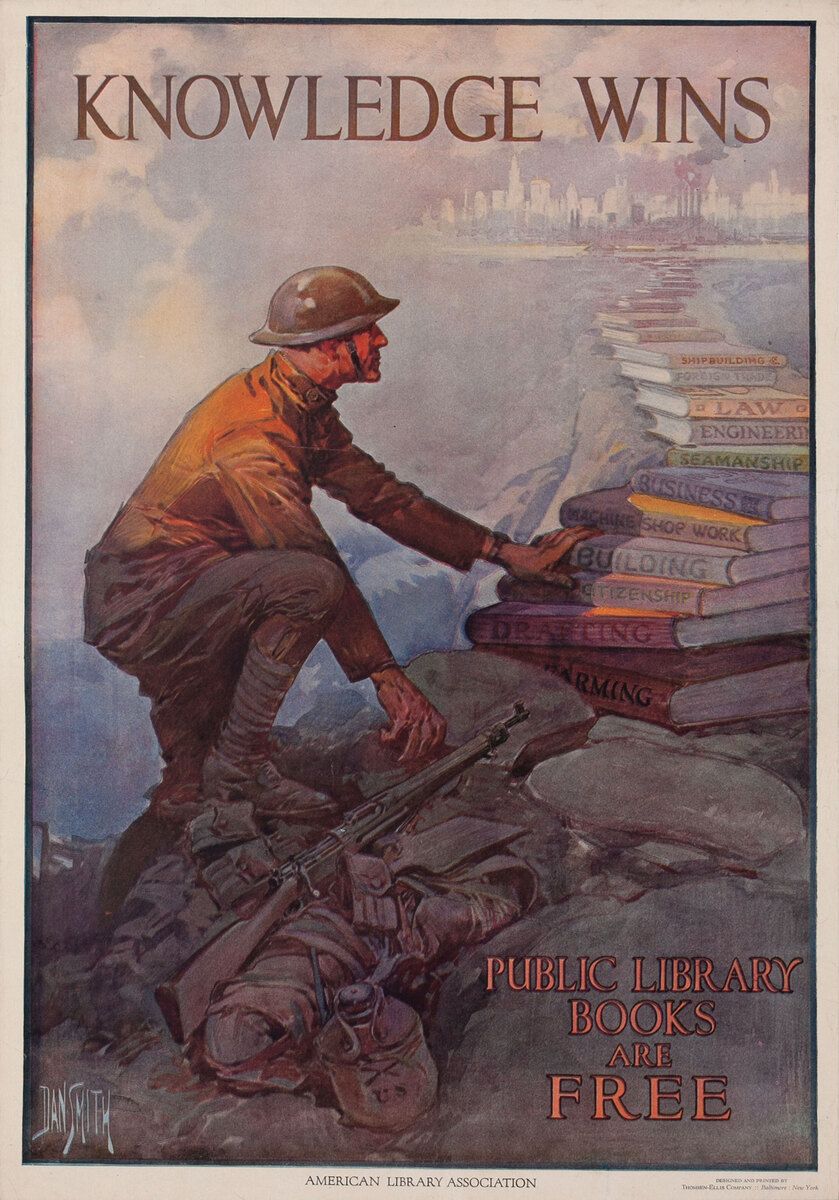 Knowledge Wins, Public Library Books are Free, American Library Association WWI Poster