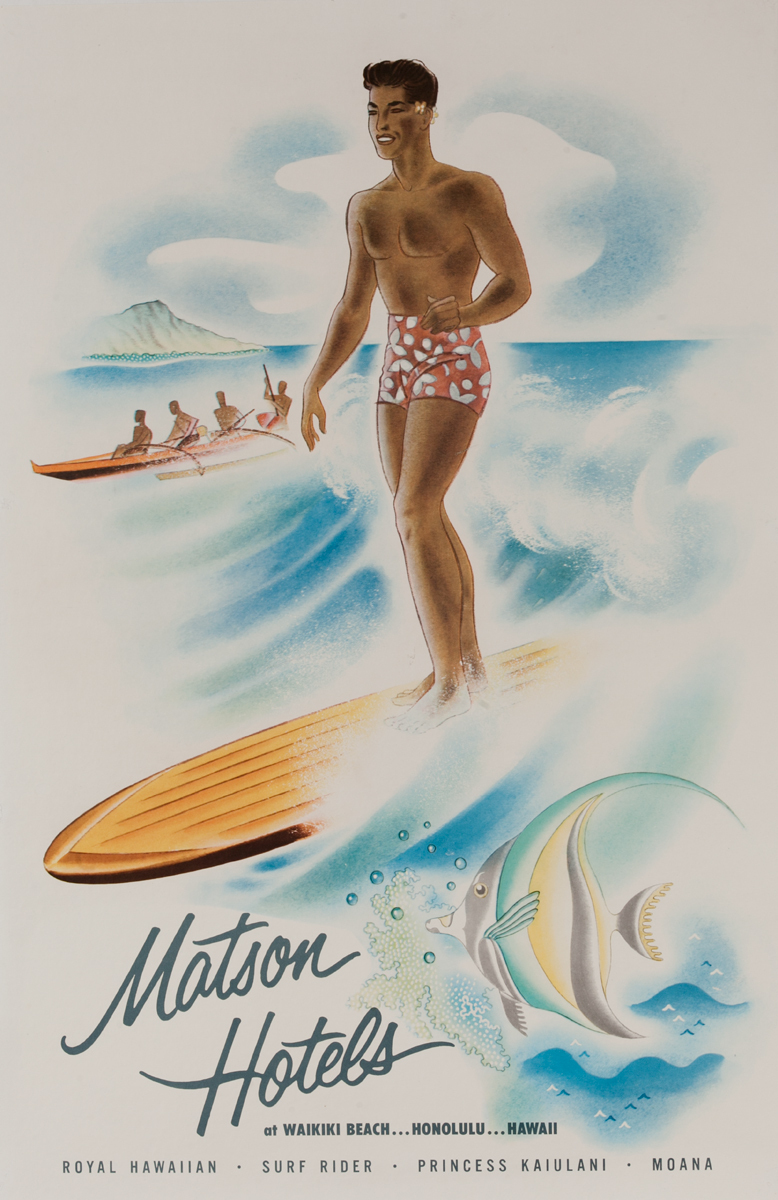 Matson Hotels at Waikiki Beach ... Honolulu ... Hawaii Poster Surfing Guy