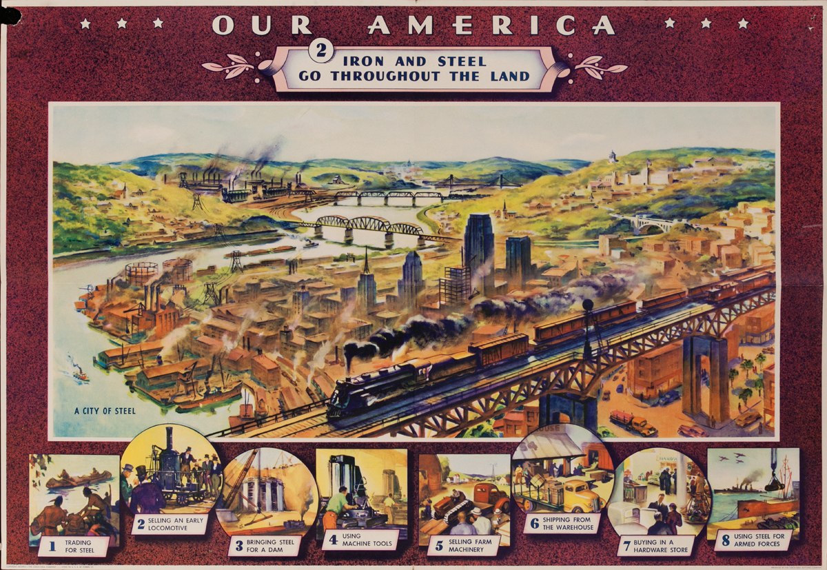 Our America Original Coke (Coca Cola) Educational Poster, Iron and Steel Go Throughout the Land 