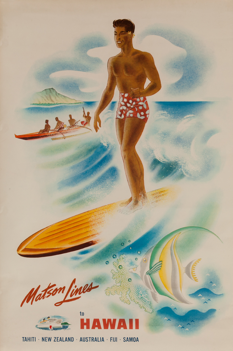 Matson Lines To Hawaii Tahiti New Zealand Australia Fiji Samoa Travel Poster Surfer