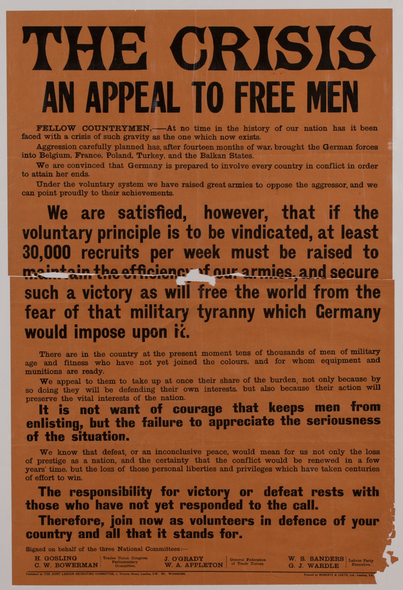 The Crisis an Appeal to Free Men, British WWI Poster
