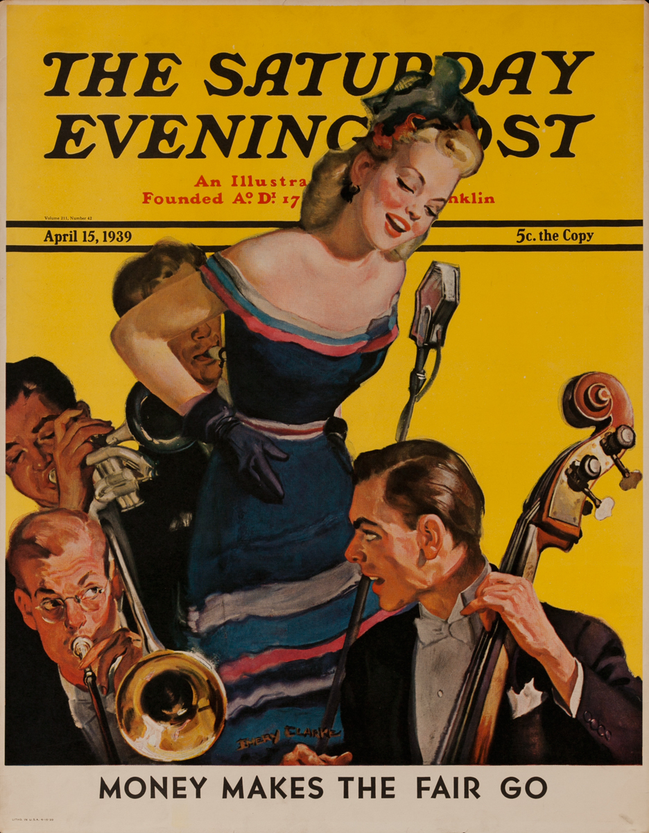 Saturday Evening Post Advertising Poster, April 15, 1939, Jazz quartet with singer