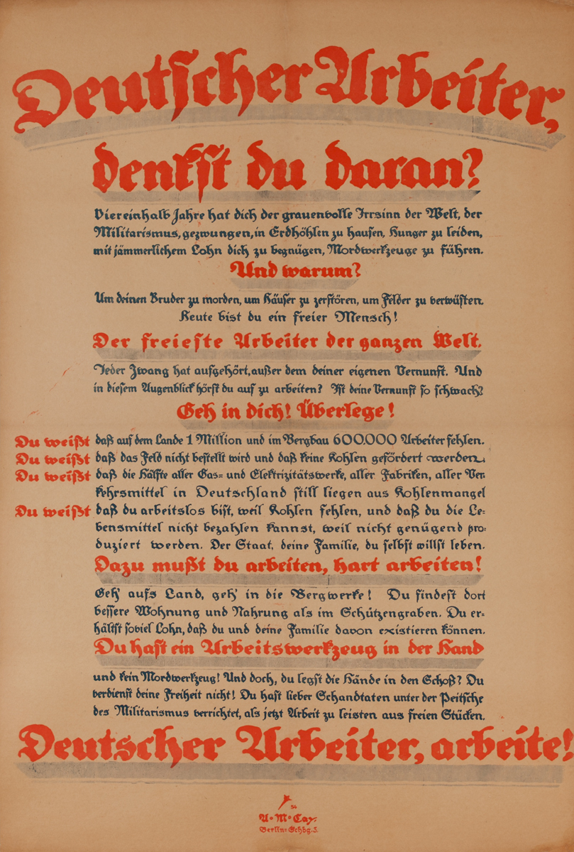 Deutscher Urbeiter benfit du daran?<br>German World War I Poster