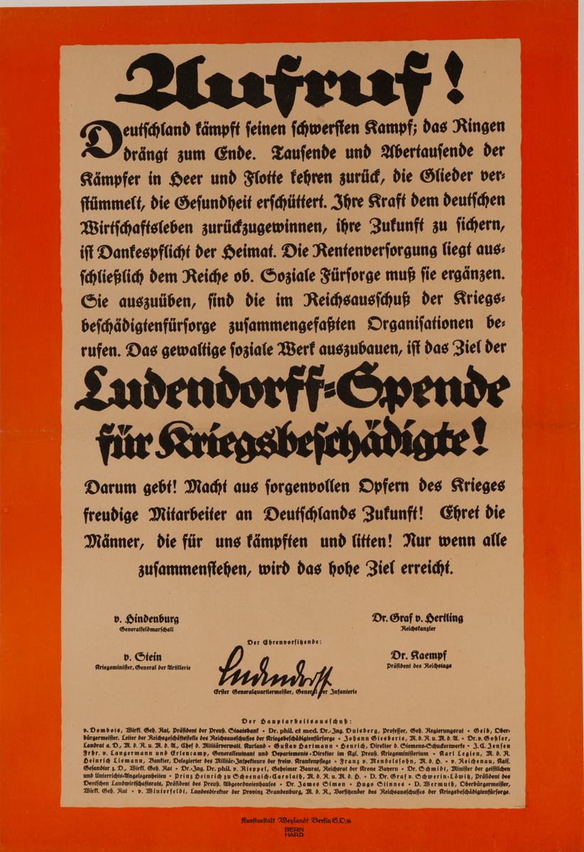 Vusruf!, Ludendorff-Spende für Kriegsbeschädigte<br>German World War I Poster