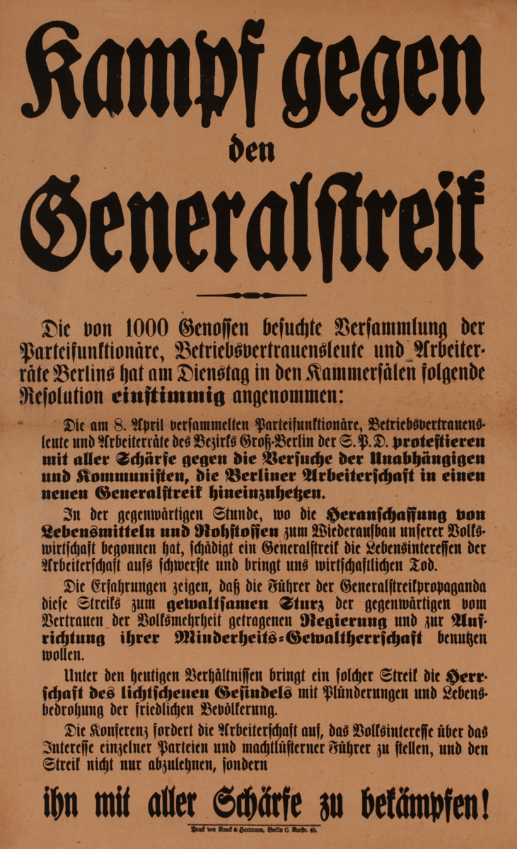 Kampf gegen den Generalstreif<br>German World War I Poster