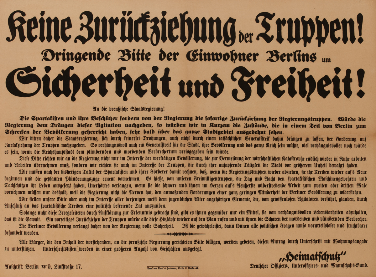 Keine Zurüctziehung der kruppen! - Gicherheit und Freiheit!<br>German World War I Poster