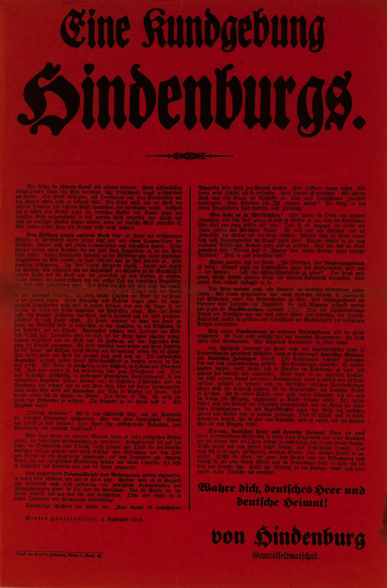Eine Kundgebung Hindenburgs<br>German World War I Poster