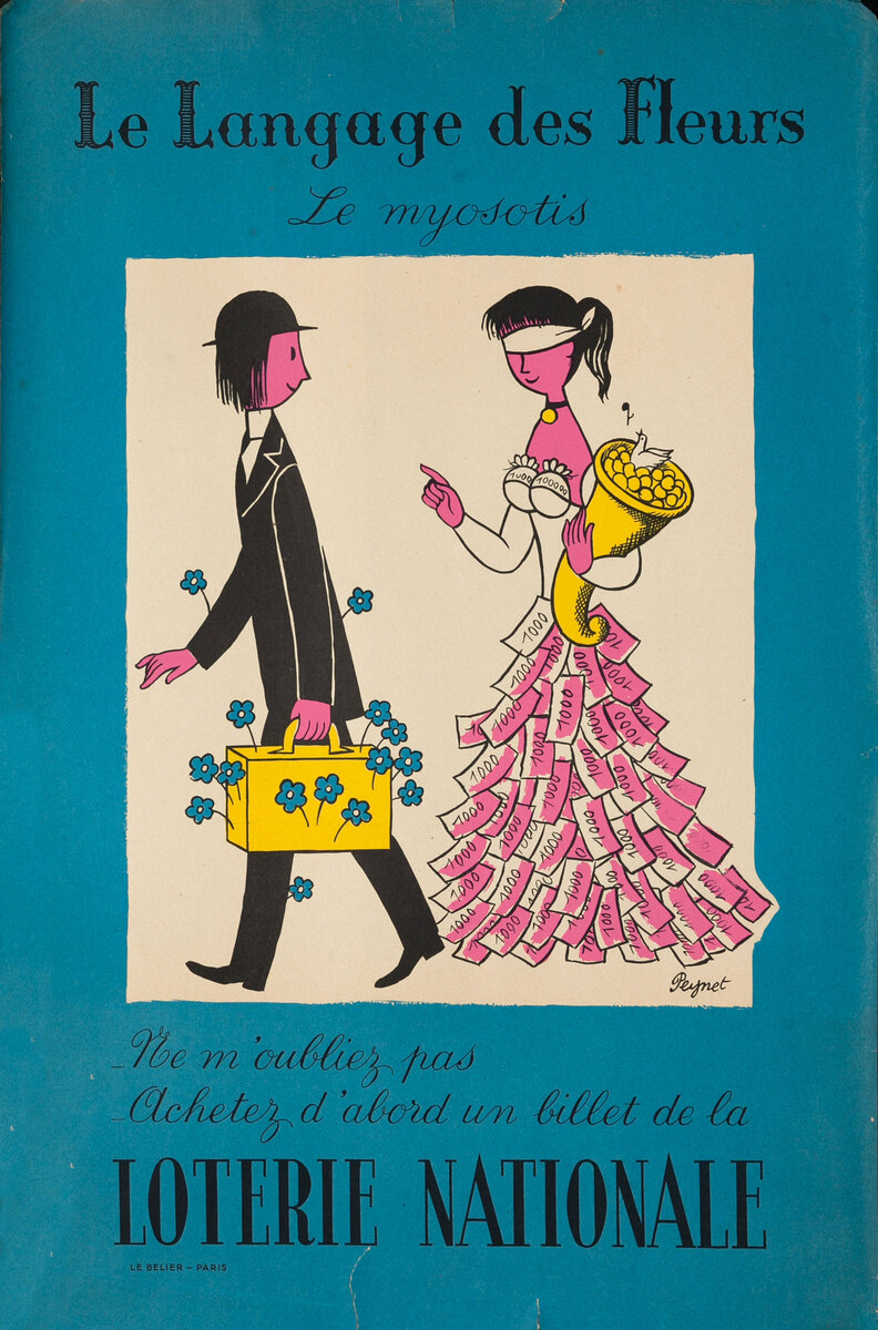The Language of Flowers Original French Loterie Poster, Forget Me Not Le Myosotis