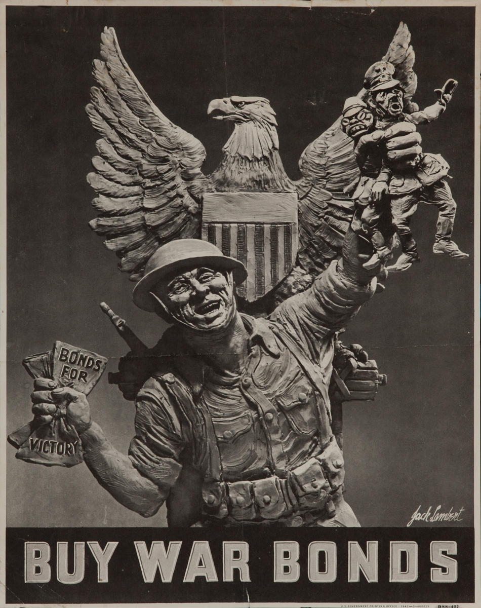 Buy War Bonds, Soldier with Hitler and Tojo Caricature 