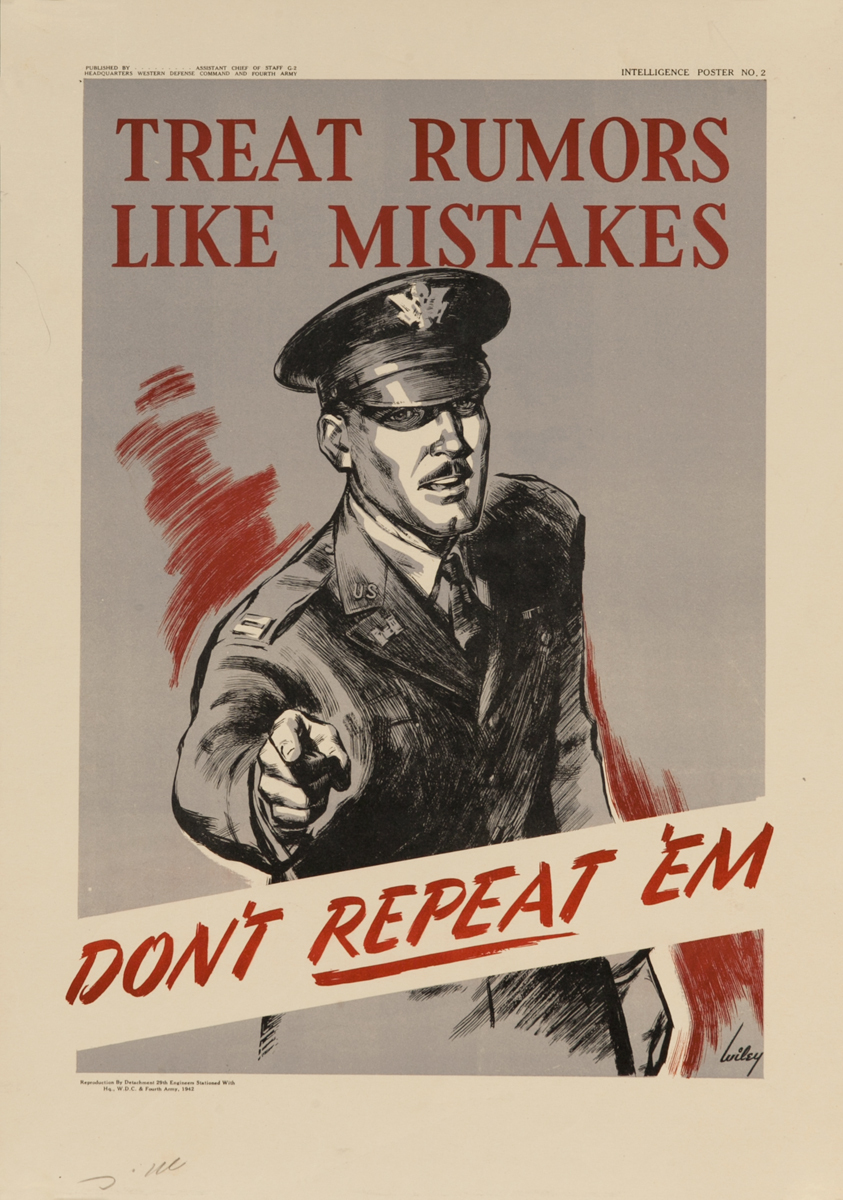 Treat Rumors Like Mistakes, Don't Repeat 'Em<br>WWII American Careless Talk Poster