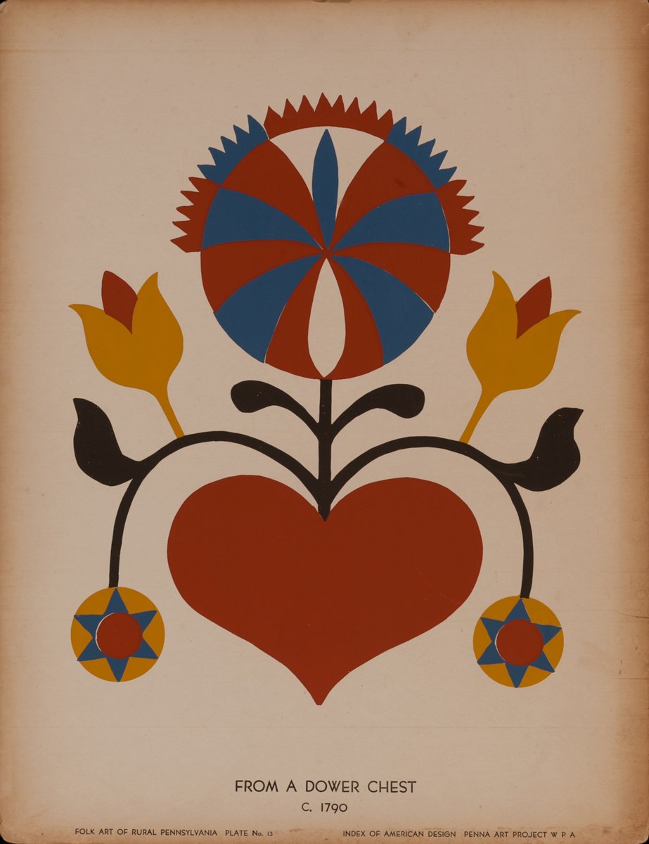 Folk Art of Rural Pennsylvania, Plate 13, From a Dower Chest ca 1790