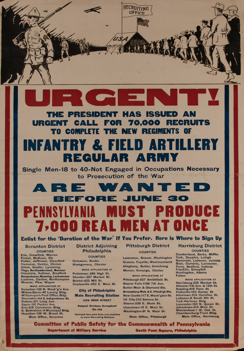 Urgent Call for 70,00 Recruits<br>WWI Poster