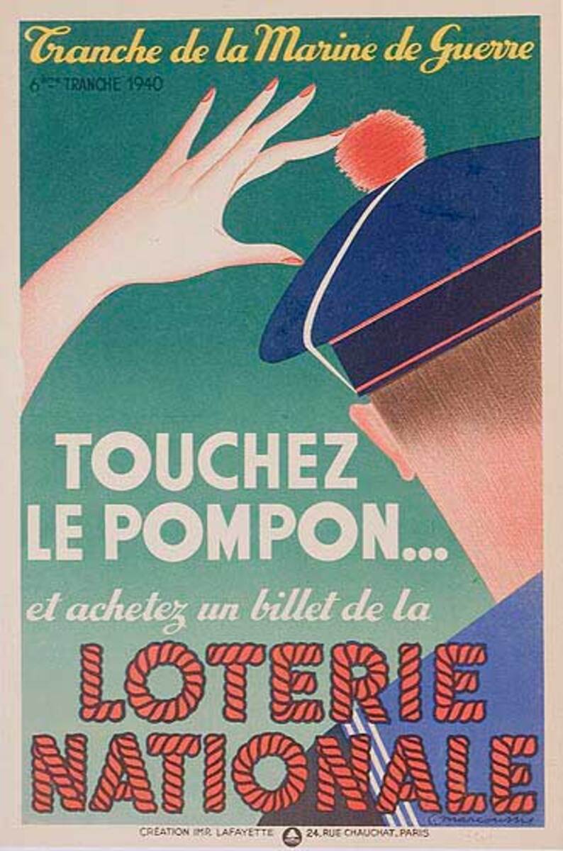 French Loterie Nationale Original Vintage Poster Touchez le Pom Pom