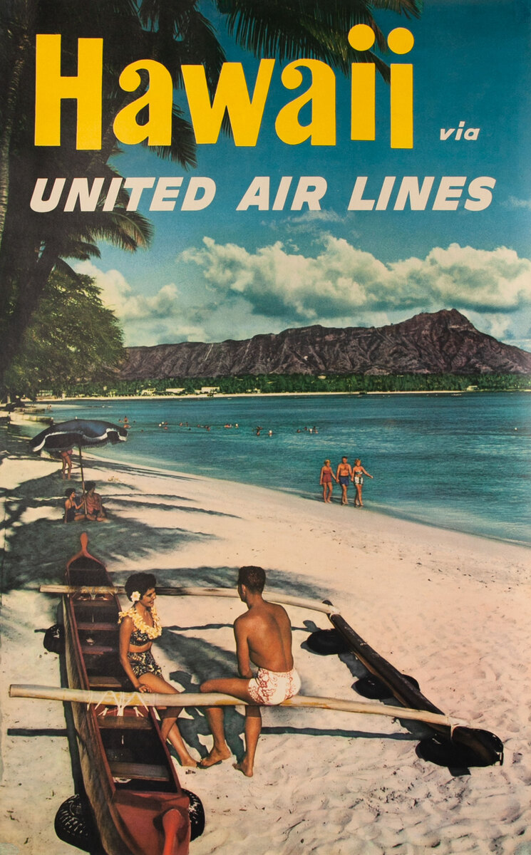 Hawaii via United Air Lines Outrigger Beach Photo<br>Travel Poster