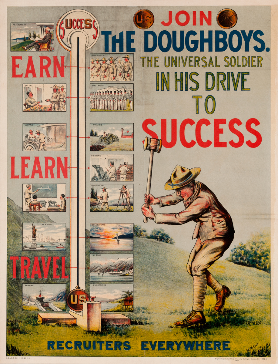 Earn, Learn, Travel - Join The Doughboys<br>Post-WWI American Recruiting Poster