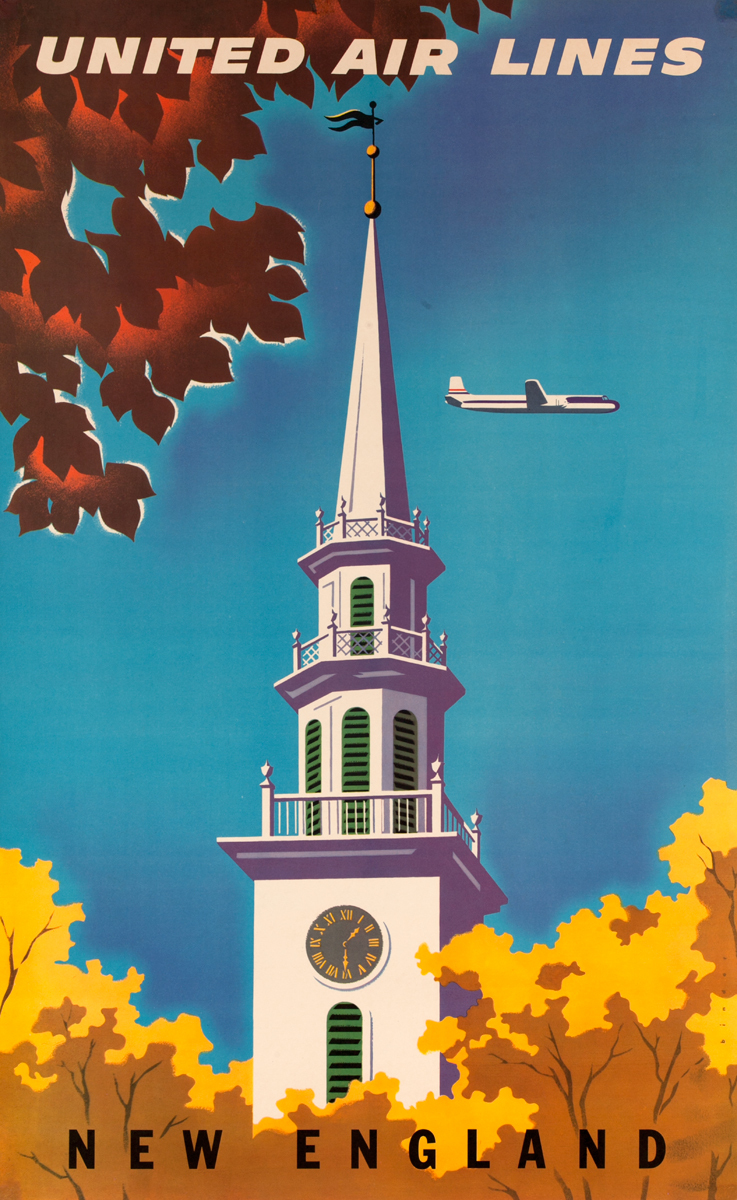New England Church Steeple<br>United Air Lines Travel Poster