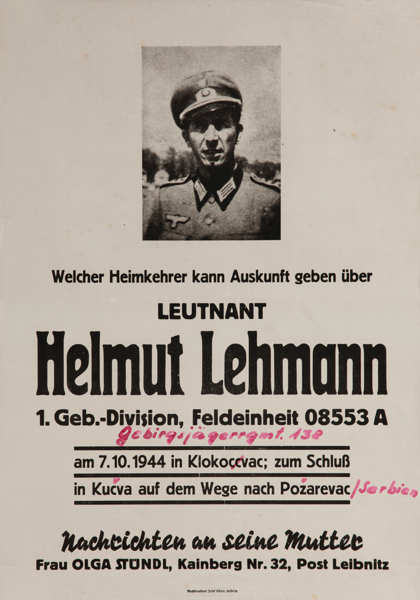 Leutnant Helmut Lehmann Missing German Soldier  WWII Poster